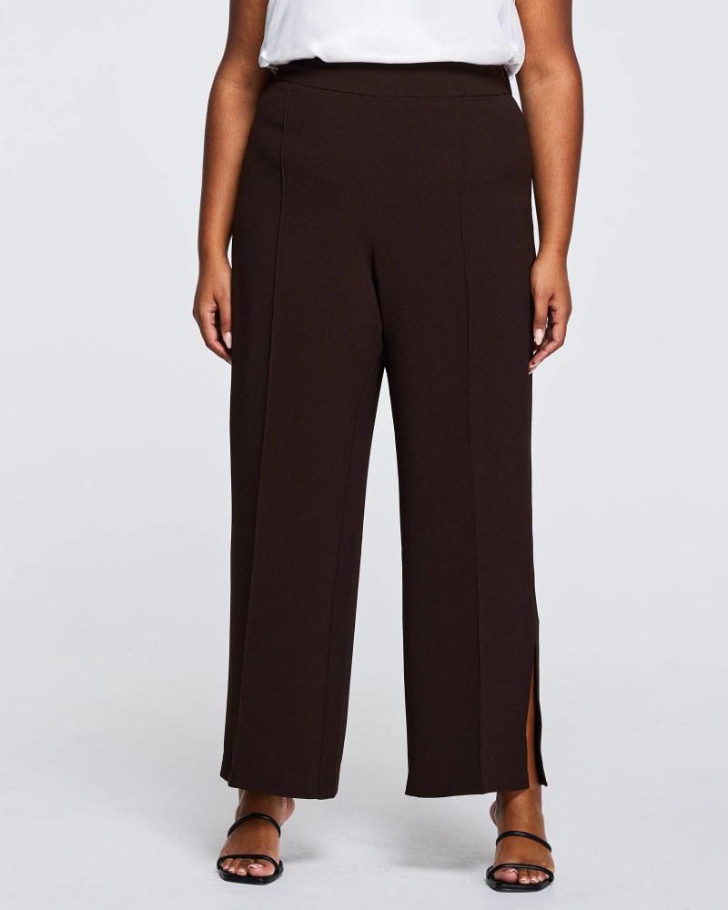 Front of a model wearing a size 18W Ravenna Pant in Chocolate by Estelle. | dia_product_style_image_id:302224